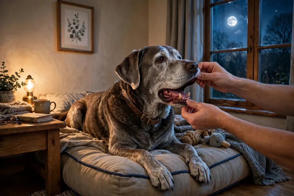 Dog owner lifting a senior dog's lip to check that the gums are a healthy pink color