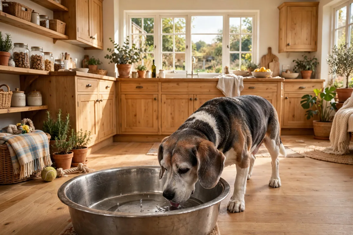 Old dog drinking lots of water from a large bowl in a bright kitchen