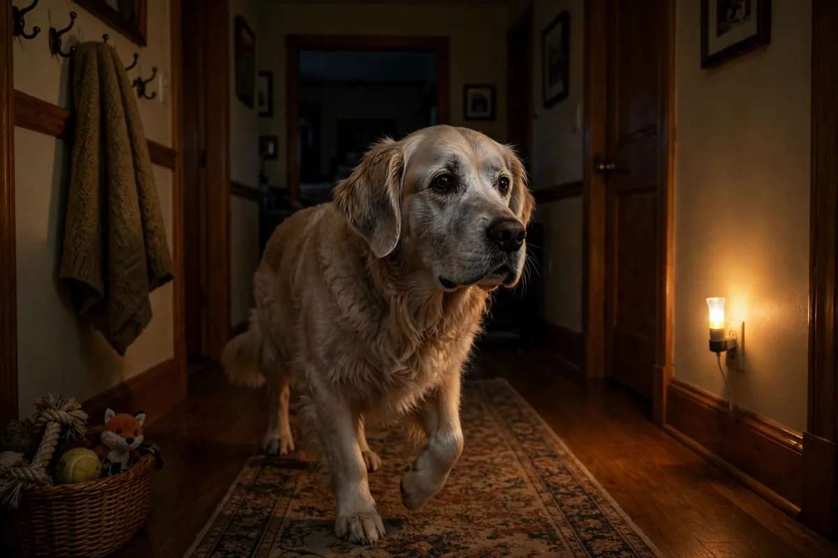 Senior dog pacing at night in a dim hallway while the household sleeps