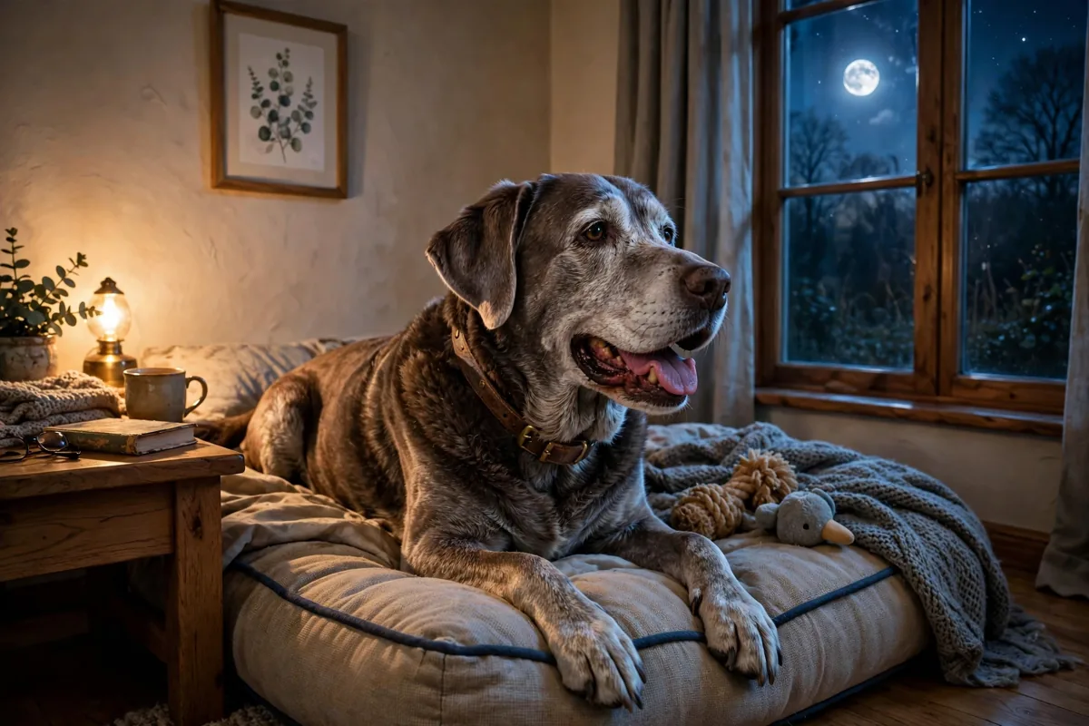 Senior dog panting at night on his bed while his owner comforts him