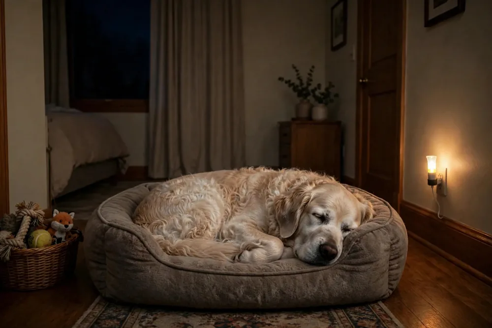 Senior dog settling down to sleep in an orthopedic dog bed near a soft night light in a quiet bedroom