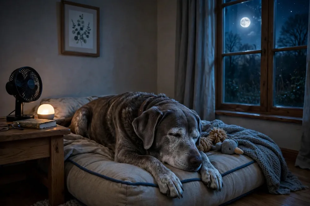 Senior dog sleeping peacefully on a cooling dog bed with a soft night light on in the background