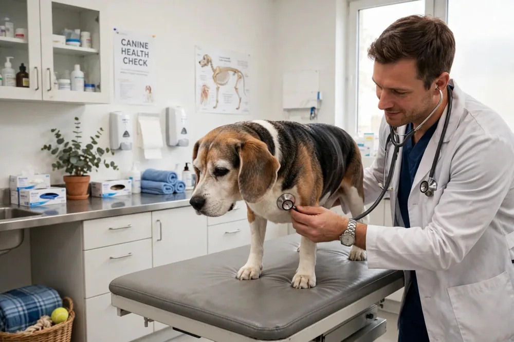 Veterinarian examining a calm senior dog during a checkup for increased thirst and urination